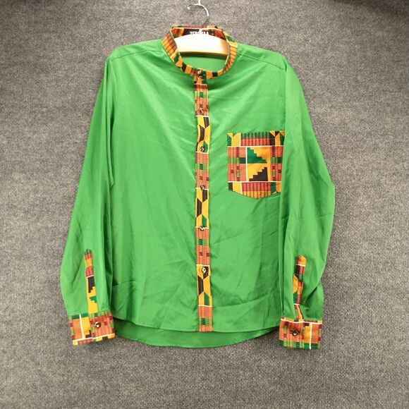 Zeroyaa Mens Button Front Shirt Green Small Printed Trim Pocket - Picture 2 of 12